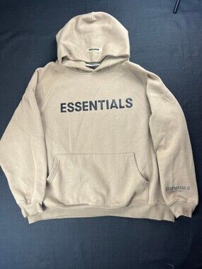 ESSENTIALS Beige Hoodie with Front Logo and Sleeve Print